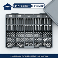 Kit d'assortiment de vis, écrous et rondelles métriques - 347 pièces - MS/SS304 - M4 M5 M6 M8 M10 - DIN 933/934/125 - Boîte de 4,3 kg