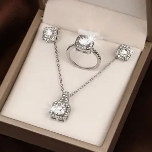 Fashion Sets Shiny Stainless Steel Zircon Pendant Necklace Earrings Rings Set Cz Stud Earrings Jewelry Set For Gift