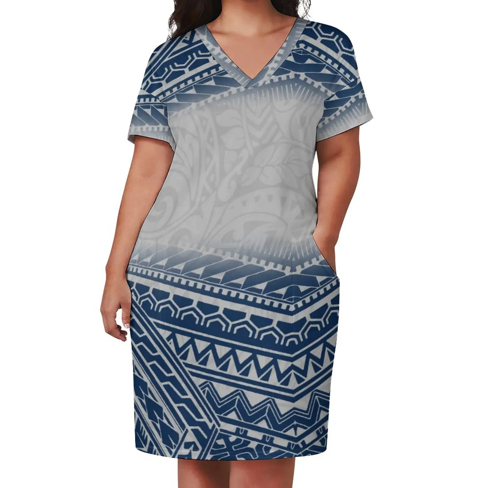 dropshipping high quality polyester cotton print dress custom clothing women plus size polynesian grey blue gradient dresses