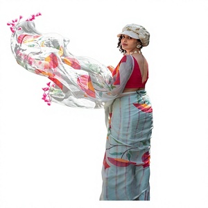 Sari indio de lino y algodón de Bollywood con hermoso estampado digital hecho a mano, elegante para bodas y fiestas, para mujer. - Product Image 6