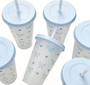 Birthday Party Favor Blue Bow <b>Reusable</b> Clear Tumbler With Lid and Straw for Kids Girls Gift Travel Plastic <b>Cup</b> - Product Image 5