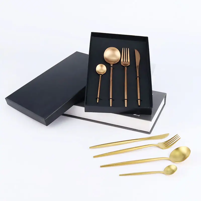 Set alat makan 4 buah, sendok garpu sendok garpu peralatan makan baja tahan karat dengan kotak hadiah