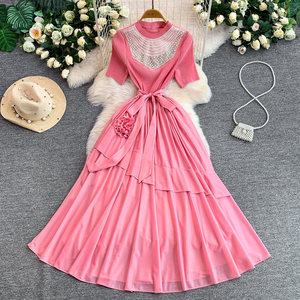 <span class=keywords><strong>Abito</strong></span> Estivo Elegante <span class=keywords><strong>Verde</strong></span> da Donna, Manica Corta, Collo Tondo con Perline, Vestito <span class=keywords><strong>Midi</strong></span> Plissettato a Trapezio con Fiocco in Vita - Product Image 4