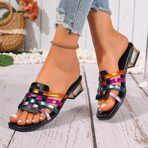 <b>Glitter</b> Metallic Colorful Woven Block Heel Mules Square Toe Slip‑On Women Summer Slide Sandals - Product Image 5