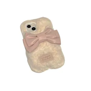 Fluffy Soft Phone Case For iPhone 15 14 13 12 11 Pro Max Leather Big Bowknot Cute Phone Case