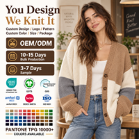 Cardigan femme color block col V boutonné épaules tombantes manches longues patchwork automne hiver tricot personnalisé