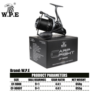 Carrete de Pesca de Spinning W.P.E CF 9000/9000T de Alta Velocidad 4.4:1 con Bobina de Metal y 9+1 Rodamientos para Carpa