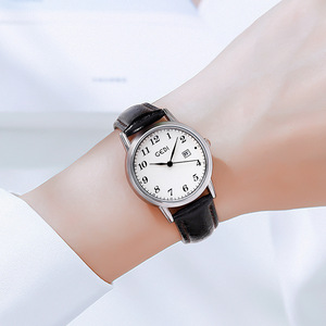 Reloj de cuarzo plateado para mujer, esfera blanca, fecha, números arábigos, correa de cuero negra, reloj de pulsera elegante - Product Image 6