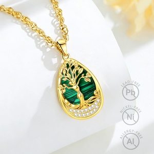 Nuova Collana in Malachite a Goccia con Pendente Albero della Vita in <span class=keywords><strong>Oro</strong></span> 24K, Elegante Gioiello Verde a Forma di Pera, Regalo per Donne - Product Image 4