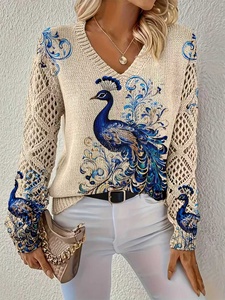 Pull en maille imprimé paon pour <span class=keywords><strong>femme</strong></span>, collection Printemps 2026, col en V, manches longues, avec empiècements en maille, 100 % polyester, imprimé numérique - Product Image 4