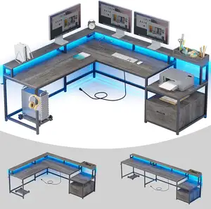 Kantor dengan laci File Outlet daya meja game sudut komputer berbentuk L bingkai logam tulisan kayu meja kantor