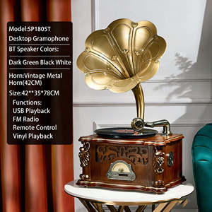 Tocadiscos de vinilo vintage directo de fábrica con bocina metálica, radio FM, USB, Bluetooth, 3 velocidades, tocadiscos de madera para decoración del hogar - Product Image 4