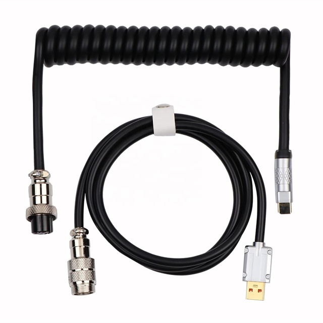GIET L Shape Single Sleeved PET Coiled Type C Cable for Mechanical Keyboard Coiling Spring Sprial Cable with GX12 Aviator 1.5M