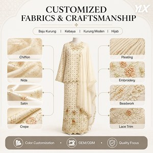 <span class=keywords><strong>Baju</strong></span> <span class=keywords><strong>Kurung</strong></span> personnalisé pour femme avec broderie florale, ourlet festonné, en mousseline, avec écharpe, OEM ODM, marque privée, Malaisie, Modeste - Product Image 3