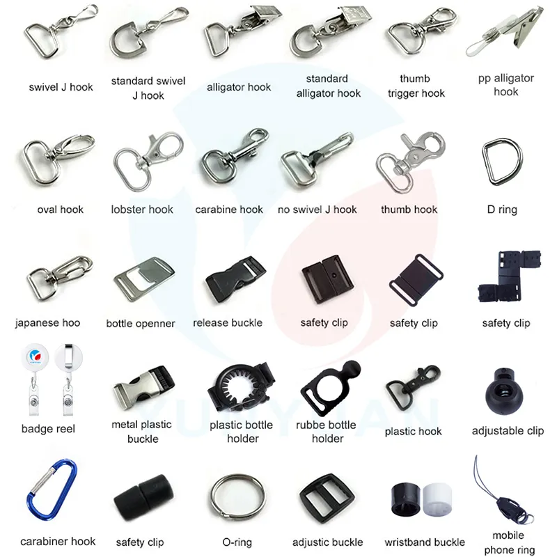 Cualquier tipo de accesorios de cordón para la venta, gancho de metal, hebilla de plástico, correas, método de impresión, impresión multicolor