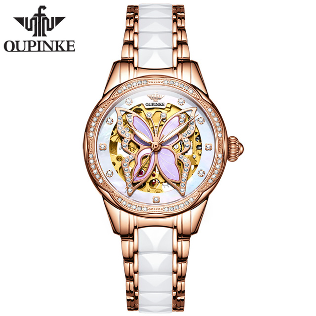 OUPINKE 3239 Fashion Oem Custom  Waterproof Hollow Skeleton Stainless Steel Belt Mechanical  Tourbillon Watch Watch for Women