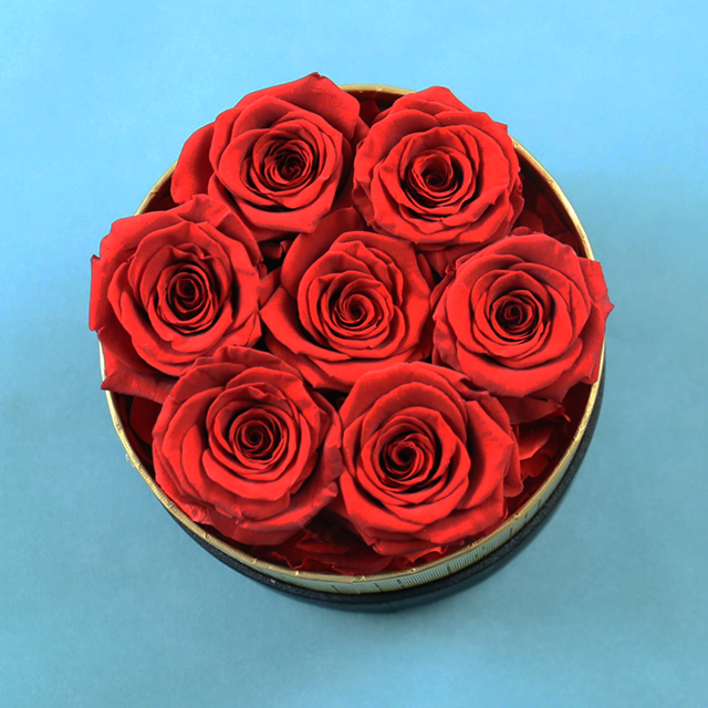 7 red roses in round box