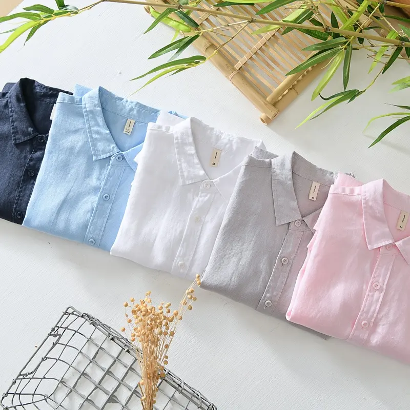 Camisas de lino de cáñamo con botones para hombre, camisas de manga larga respetuosas con el medio ambiente, de talla grande, informales, eco 100%, venta al por mayor