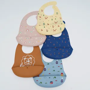 OEM婴儿喂养硅胶围兜防水软围裙工作服婴儿餐具围兜动物造型彩色印花围兜