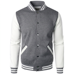 Veste universitaire grise et blanche pour homme, col rabattu décontracté, coupe classique, polyester et coton, style automne, fermeture à boutons - Product Image 1