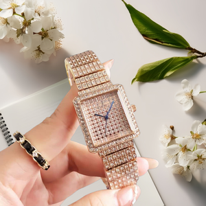 Montre pour femme de luxe en or avec strass, cadran carré, bracelet en acier inoxydable, élégante et tendance - Product Image 5