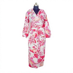Robe longue à imprimé floral, manches longues, col en V, ample, à nouer, en polyester tissé, avec ceinture, pour l'été - Product Image 1
