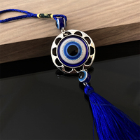 Pendentif de voiture Œil bleu porte-bonheur avec pompon, amulette Œil bleu avec cadre argenté pour rétroviseur de voiture, décoration intérieure
