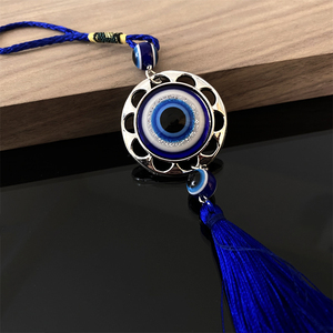 Amuleto Occhio di Allah Blu con Nappa e Cornice Argento per Specchietto Retrovisore Auto e Decorazione Casa - Product Image 5