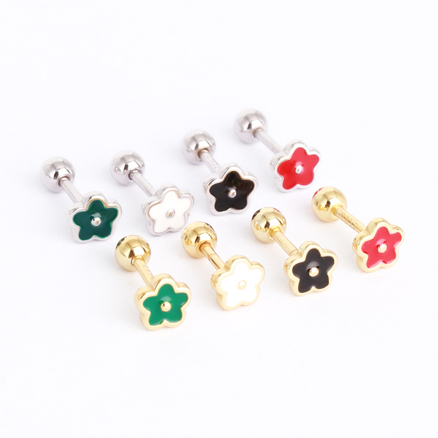 New Trending Minimalist Colorful Cartilage Helix Earrings 925 Sterling Silver Enamel Flower Stud Earrings for Women