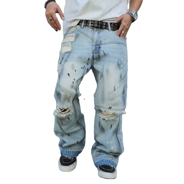 High Streetwear Wide Leg Jeans 100% Cotton Denim Breathable Eco-Friendly Light Wash Vintage Hip Hop Y2K Style Baggy Fit Frayed