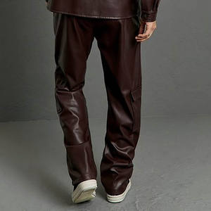 Pantalones de chándal bordados de ajuste relajado apilados gruesos de gran tamaño con logotipo personalizado, pantalones de cuero rectos con bolsillos grandes para hombre - Product Image 5