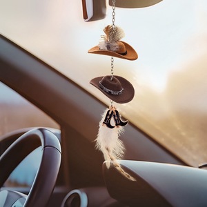 Nabao Road Cowboy Hat Car Pendant Polyester Denim <b>Feather</b> Style Rearview Mirror Accessory Small Hat Decor - Product Image 5