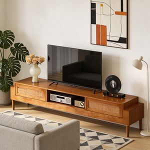 Meuble TV et armoire <span class=keywords><strong>de</strong></span> rangement en bois <span class=keywords><strong>de</strong></span> frêne et rotin naturel, design rétro Japandi, style mid-century modern, pour salon, hôtel ou maison. - Product Image 3