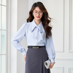 Women's Long Sleeve Bow Tie Blouse Solid Color Polyester Poplin Office Shirt XN6778 - Product Image 1