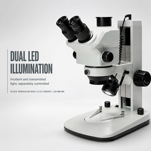 Microscope stéréoscopique trinoculaire BestScope BS-3028T2 0.7X-6X avec support, base compacte, support grossier et éclairage LED - Product Image 1