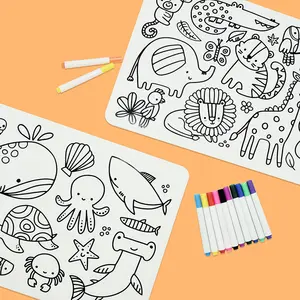 Tái sử dụng graffiti Silicone placemat có thể giặt vẽ Mat colouring động vật biển bàn ăn mat