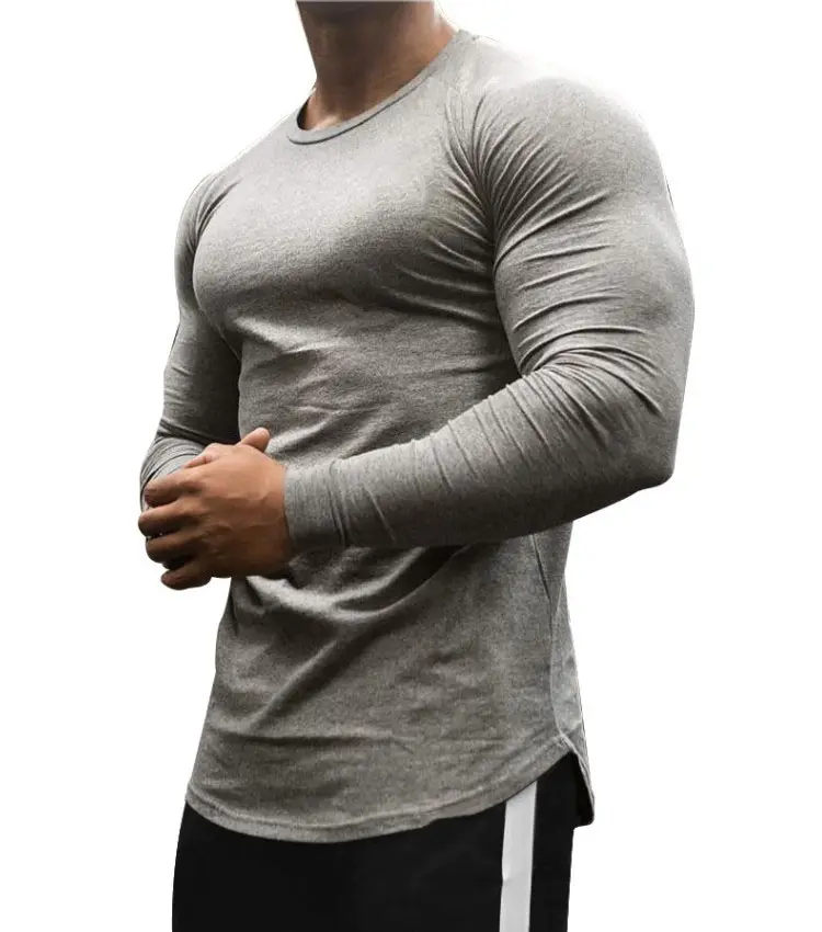 2021 Cotton Spandex Fabric Dilengkapi Kru Leher Lengan Panjang Pria Gym Kebugaran T Shirt