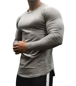 2021 Cotton Spandex Fabric Fitted Crew Neck Men Long Sleeve Gym Fitness T Shirt