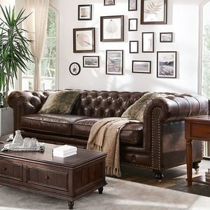 Juego de sofás americanos de lujo, muebles para sala de estar, sofás con botones, sofá marrón clásico Vintage, sofá Chesterfield de cuero genuino Pu - Product Image 4