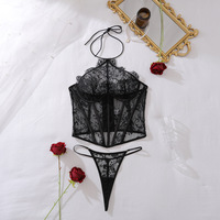Body sexy en dentelle transparente, style corset, sans bretelles, avec armatures et col halter, un ensemble polyvalent pouvant être porté comme vêtement extérieur