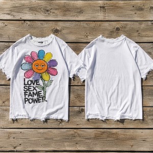 T-shirt Grafica Bianca con Stampa Love Sex Fame Power, Fiori Colorati, <span class=keywords><strong>Volto</strong></span> Arancione, Effetto Distressed, Streetwear Metour, Ingrosso Personalizzato - Product Image 3