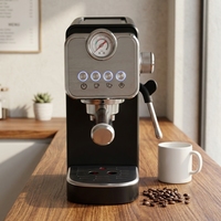 Machine à expresso semi-automatique compacte noire en plastique avec manomètre et commande par bouton, populaire à l'étranger