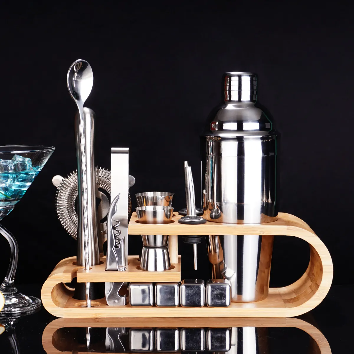 Bar Tools Accessories Dinner Party Mixology Wine Stainless Steel Bartender Kit Cocktail Shakers Set With Wooden Stand Holder