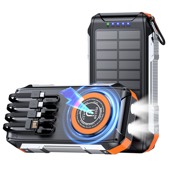 Solar 30000mAh Magnetic Wireless 15W Fast Charging Power Bank with 4 Built-in Cables LED Flashlight ABS