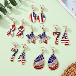 Pendientes de Aleación al por Mayor para el Día de la Independencia Americana, Pendientes con la Bandera de EE. UU. en <span class=keywords><strong>Rojo</strong></span>, Blanco y Azul, Diseño para el 4 de <span class=keywords><strong>Julio</strong></span>, Regalo Festivo - Product Image 1