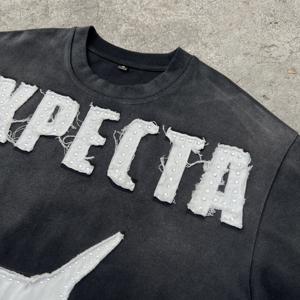 사용자 정의 <span class=keywords><strong>3XL</strong></span> 300 Gsm 빈티지 태양 퇴색 산성 워싱 디스트레스드 아플리케 패치 자수 모조 다이아몬드 대형 박시 핏 티셔츠 남성 - Product Image 4