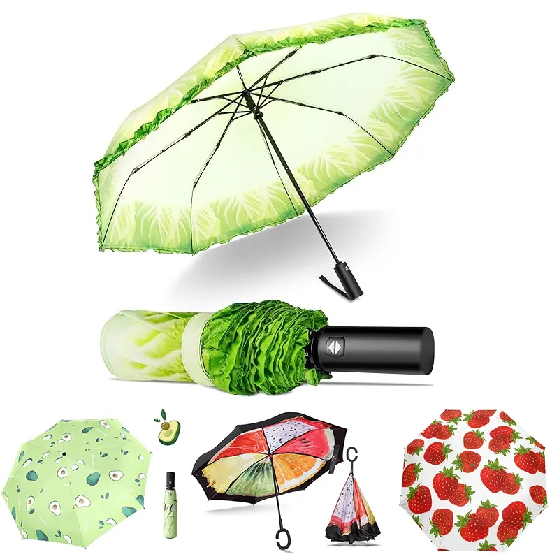 귀여운 선물 자동 여성 양배추 사용자 정의 인쇄 경량 비 야채 식물 접는 여행 우산 과일