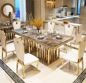 Luxe eettafelset marmer voor 4-8 stoelen, eettafelset met marmeren blad en 6 stoelen - Product Image 1