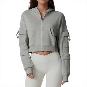 Sweat-shirt à capuche court zippé pour femme avec poches cargo, manches longues, couleur unie, tricoté, décontracté, pour l'automne - Product Image 1