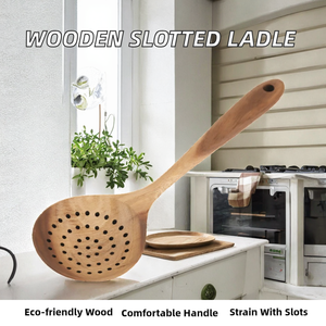 Ensemble d'ustensiles de cuisine en bois de teck naturel, spatule, cuillère, louche, écumoire antiadhésives avec support - Product Image 2